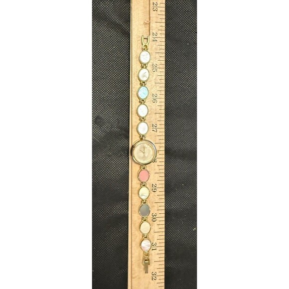 Bonjour Wristwatch Round White Face Gold Toned Colorful Pastel Bracelet Band - Picture 5 of 5